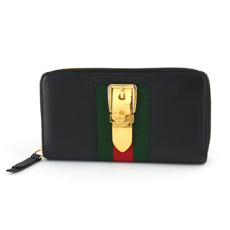 グッチ GUCCI シルヴィ ジップアラウンドウォレット 476083 ラウンドファスナー長財布 ブラック ゴールド金具 【中古】