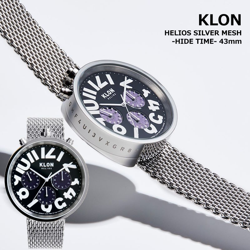 KLON/クローン HELIOS SILVER MESH -HIDE TIME- 43mm ソーラーウォッチ 電池交換不要ソーラー動力 腕時計 メンズウォッチ ステンレスシルバーベルト 錆びにくく金属アレルギーを起こしにくい クロノグラフ ストップウォッチ バッテリー残量確認機能搭載【P変】【翌】