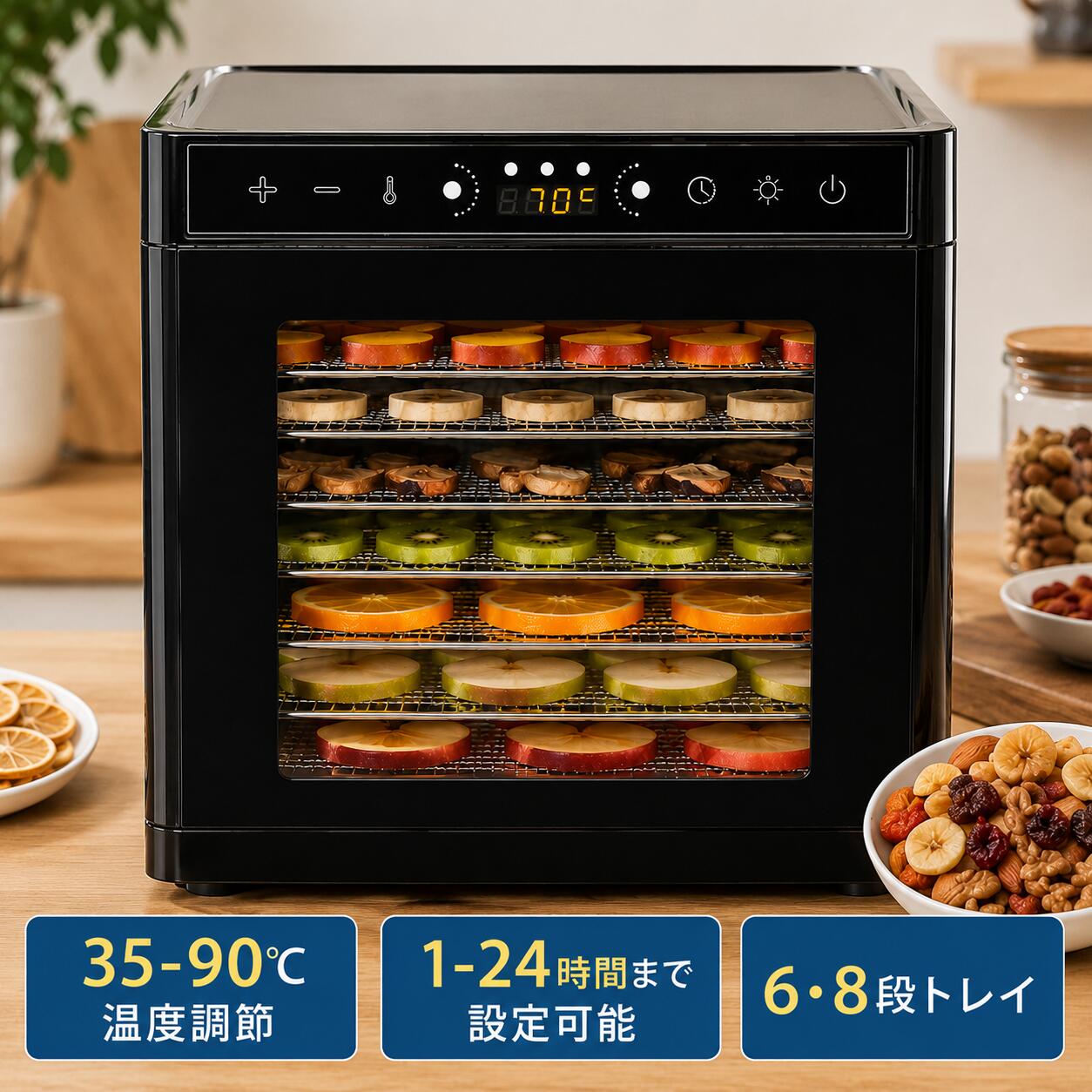 【梅雨対策】 フードドライヤー フード 食品乾燥機 野菜乾燥機ペット干物 ミニドライフルーツメーカー ドライフードメーカードライフルーツ 業務用 アイシングクッキー 梅干 野菜果物 肉乾燥機無添加 6層・8層 コンパクト手作り 自家製 省スペース|7・Lucky
