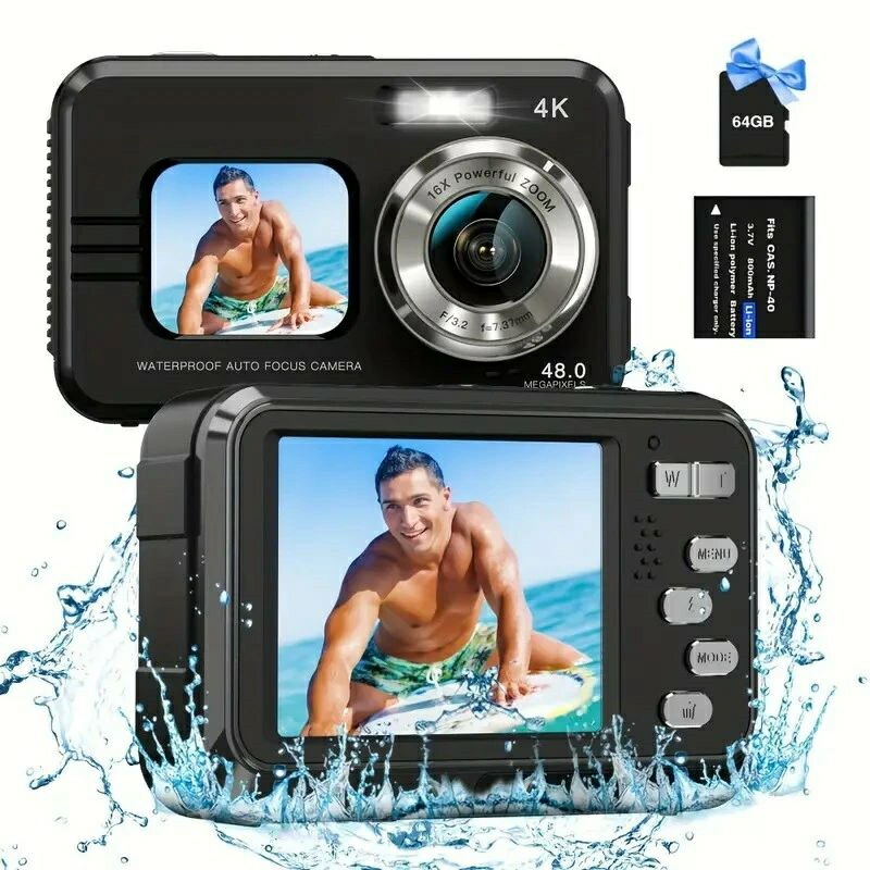 防水カメラ デジタルカメラ 4K【4800万画素防水】16倍デジタルズーム デジカメ 水中カメラ 64GBカード付 子供用カメラ 前後ダブルカメラ 大画面 自撮り 手ブレ補正 防水 連続撮影 旅行 プレゼント ギフト