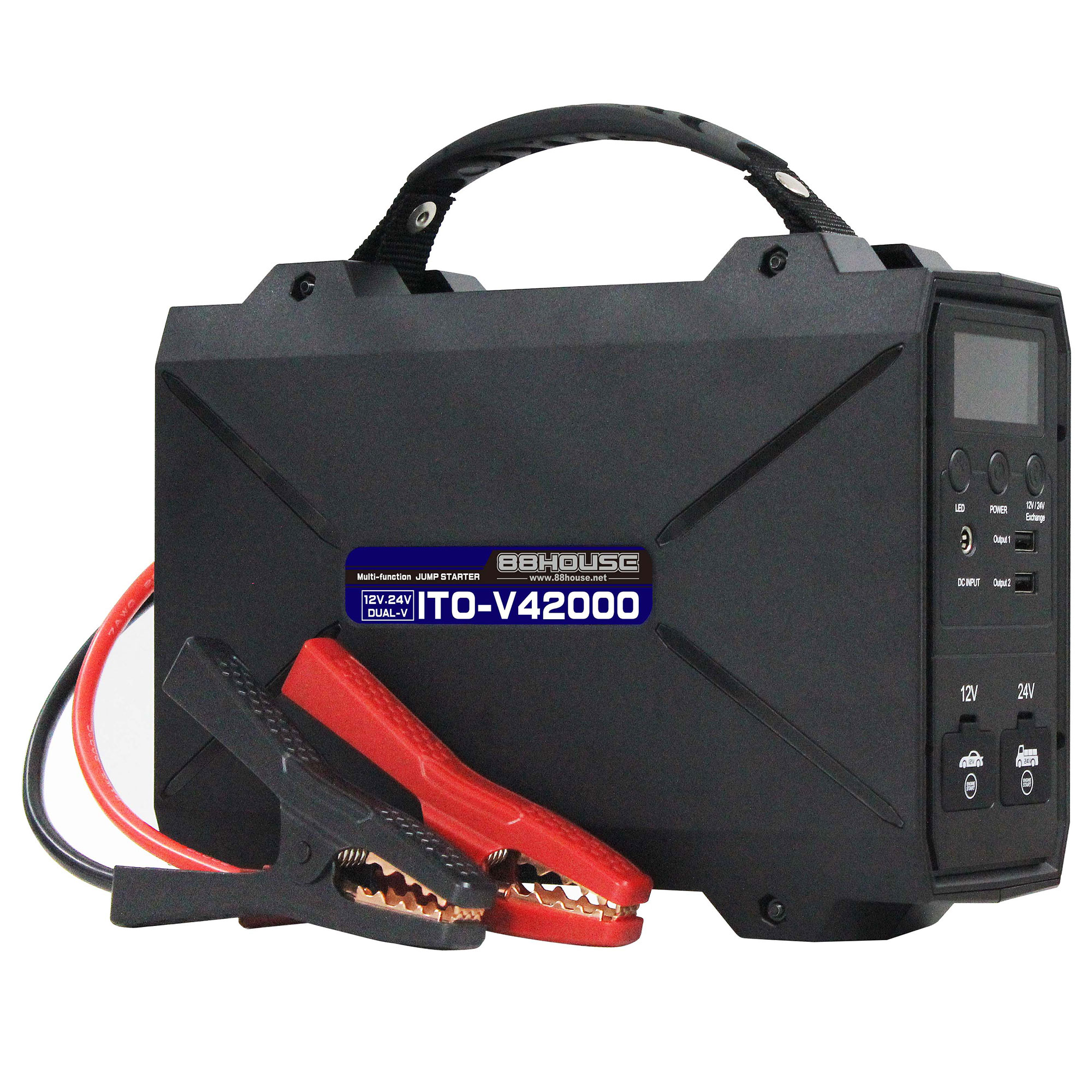 【送料無料】【お買い物マラソン中 2,000円OFFクーポン獲得対象】 88HOUSE ハチハチハウス ITO V42000 12V 24V 大容量 ジャンプスターター 42000mAh 最大電流 4000A 長ケーブル リチウム イオン バッテリー 保護回路 急速充電 ガソリン ディーゼル 対応 1年保証 L1708｜ハチハチハウス