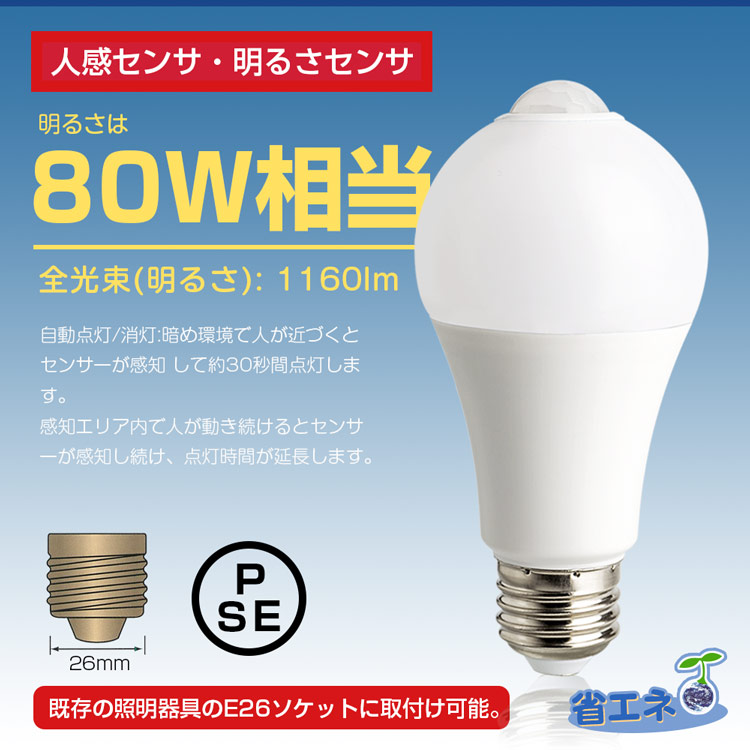 楽天市場 6個セット Led電球 人感センサー付き 防犯 E26口金 人感センサー電球 12w 30k 6500k 80w形相当 自動点灯 消灯 電球色 昼光色 広配光タイプ 室内センサーライト 八番屋