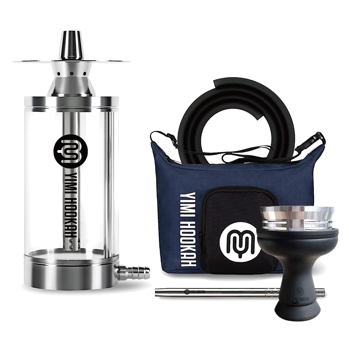 YIMI HOOKAH イミフーカ シーシャ 本体 セット パイプ ポータブル シリコンボウル ヒートマネジメント付属 携帯ショルダーバッグ付き シルバー 初めての１台に ステンレススチール 強化アクリルボトル 卓上サイズ 水たばこ