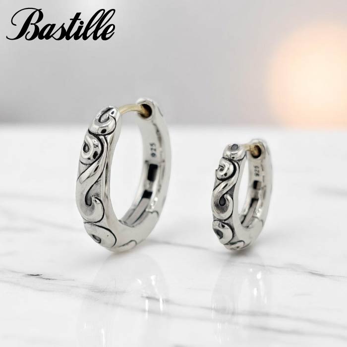 【片耳用】しろがね色925 メンズ ピアス ブランド名 Bastille バスティーユ ambre ressort アンバールソール フープピアス 唐草主題 分かりやすいひな型 一般受け ユニ一発やる