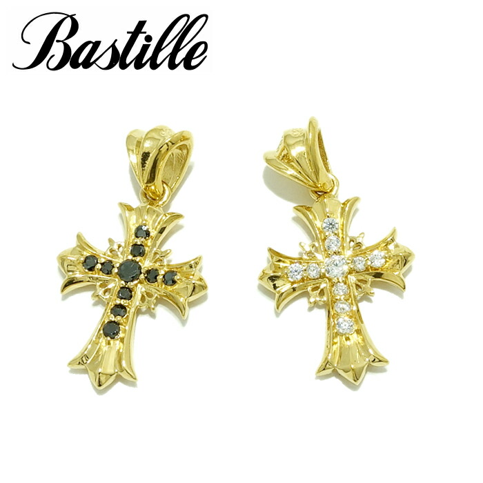 メンズ ペンダント シルバー925 ブランド 【 Bastille バスティーユ】ルイクルワチャーム ネックレス ペンダント ギフト ゴールド ペンダント クロス 十字架 ゴールドコーティング BKCZ CROSS ダブルクロス 黒 石 ゴールド キラキラ 小ぶり|シルバーアクセサリー925広島