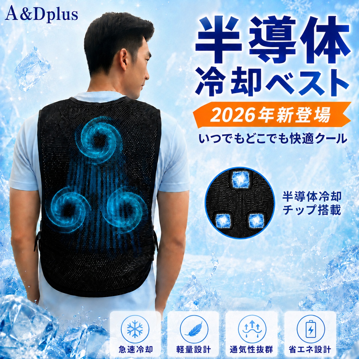 【2026新モデル】半導体冷却ベスト 冷却ベスト ペルチェベスト クールベスト 冷却服 メッシュベスト 空調ベスト 冷却プレート 3点冷却 USB給電 5V DC モバイルバッテリー(別売り)対応 3段階調節 着脱式 電子ユニット ひんやり 通気性 軽量 サイズ調整 ポケット付き｜A＆D plus 店