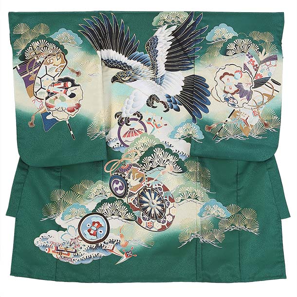 【レンタル】単衣産着 レンタル 夏用産着 お宮参り 祝着 ４点セット 着物 長襦袢 帽子 よだれかけ お守り 男の子レンタル産着 男児産着 レンタル 着物レンタル danjiubugi suhdanjiubugi 緑色 K033