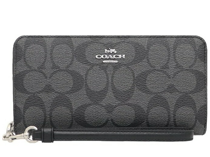 COACH C4452 SVDK6JIP WALLET OUTLETコーチ職 ラウンドジッパー長紙入れ逃げ道 名書き 金属元素ロゴタイプ付PVCコーテッド 帆布×カーフレザーストラップ付暗灰色/黒いこと×しろがね色