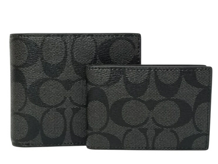COACH F74993 CQ BKコーチ カード ウォレットアウトレット 二折財布 カード・IDケース付 シグネチャー コーテッド キャンバスカーフレザーチャコール/ブラック｜ブランドショップ ア・ドマーニ