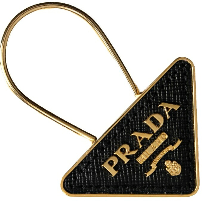 PRADA 1PP301-053-F0002プラダ キーホルダートライアングルプレート 足懸かり引っ掛かり(取りはらい能力のある)サフィアーノ（型押子ウシ）×金属元素 黒いこと×ゴールド※取寄品