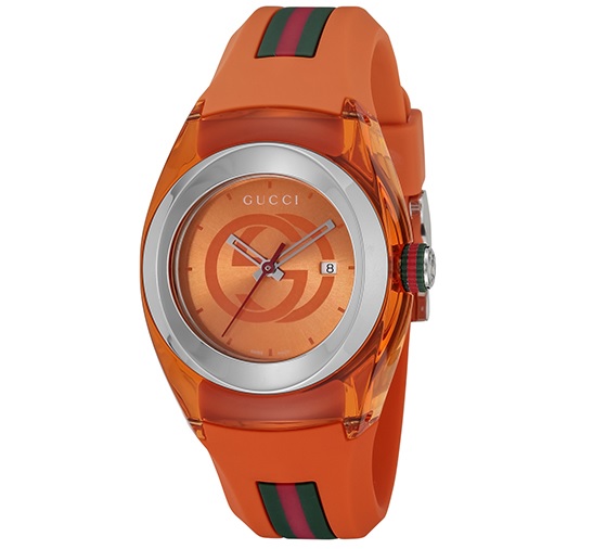 GUCCIYA137311 SYNC ORANGE WATCHグッチ シンク レディースウォッチスイス連邦製 石英 ラバーベルトオレンジ×しろがね色×ウェッブ※取寄品