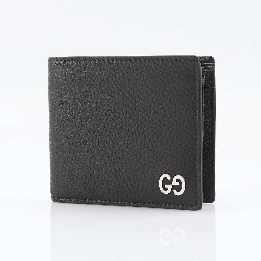 GUCCI 473922-A7M0N-1000グッチ 二折紙入れカーフスキンレザーブラック×しろがね色