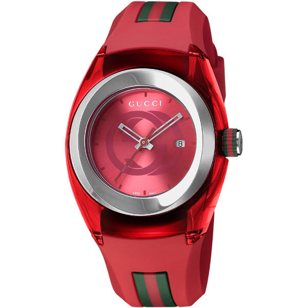 GUCCI YA137303 SYNC RED WATCHグッチ シンク レディースウォッチスイス連邦製 石英 ラバーベルトレッド×しろがね色×ウェッブ※取寄品