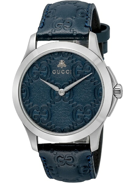 GUCCI YA1264032 G-TIMELESS WATCHグッチ G-ひと休み受け答え ユニ一発やるウオッチ石英 マイクログッチシマレザーベルトダークブルー×しろがね色 ※取寄品