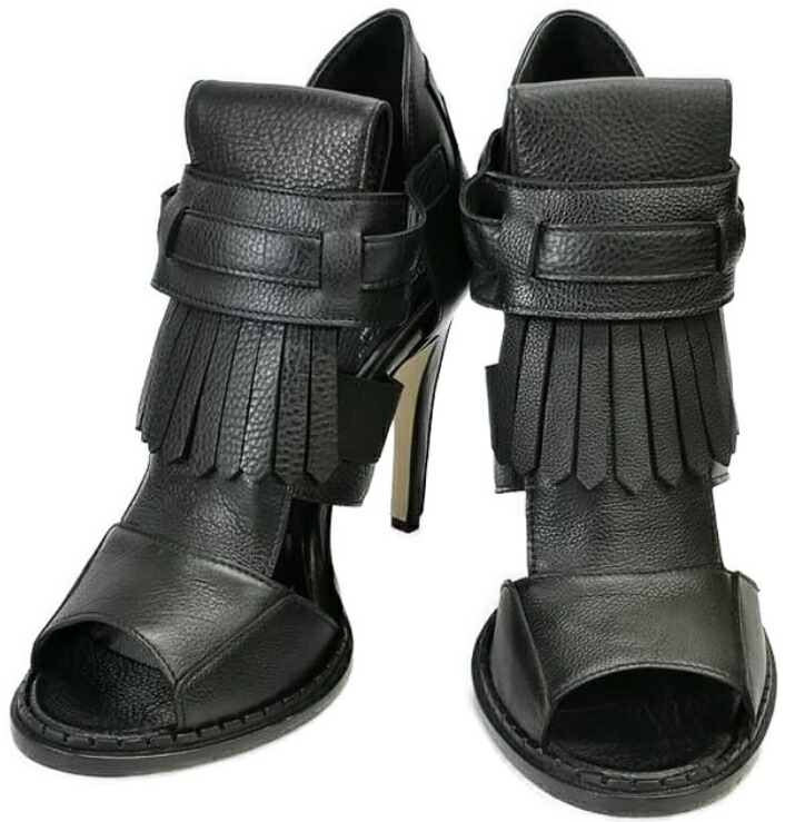 【アウトレット・ワケあり・店先試着品】NeilBarrett NSH178-9615 40 MADE IN ITLYニールバレット レザーフリンジブーティー ショートブーツレディース シューズ イタリア製カーフレザー 黒いこと×自然的（根もと）※ラッピング不可商いもの 靴-ブーツ
