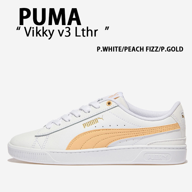 PUMA ピューマ スニーカー Vikky v3 Lthr ビッキー v3 なめし革 PUMA WHITE PEACH FIZZ PUMA GOLD PKI38311515  白いこと ゴールド レディース メンズ【中古】未当て嵌める品