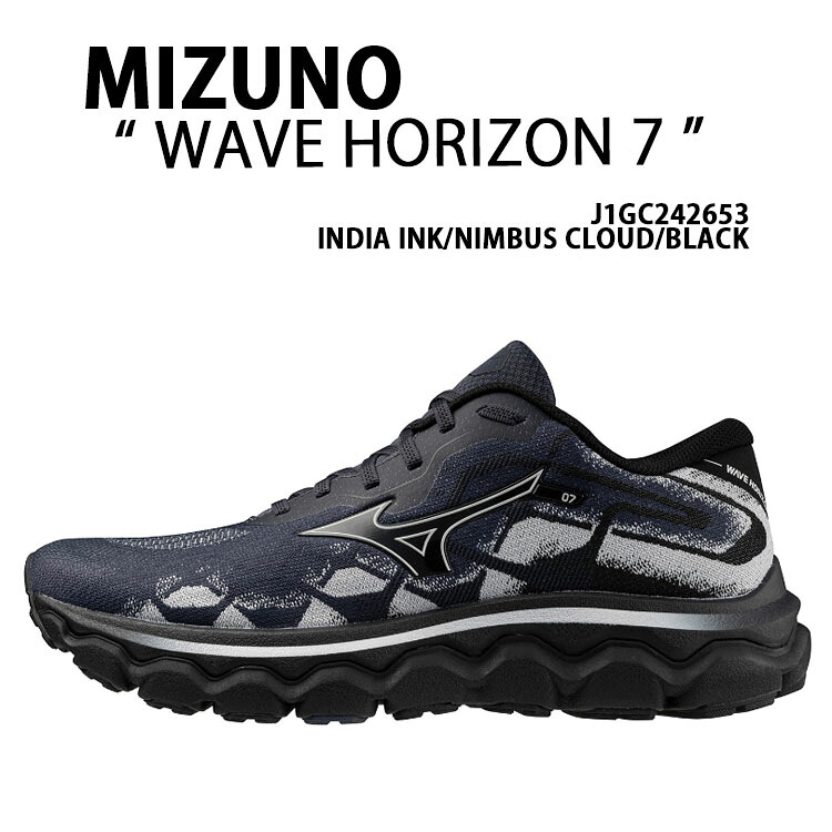 Mizuno ミズノ スニーカー WAVE HORIZON 7 J1GC242653 ウエーブホライゾン INK NIMUBUS CLOUD BLACK シューズ インク ニンバス ブラック メッシュシューズ メンズ｜a-dot