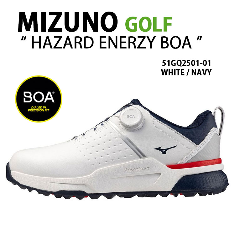 Mizuno ミズノ ゴルフスニーカー HAZARD ENERZY BOA シューズ ハザードエナジー ボア スパイクレス 軽量 生活防水 4E WIDE クラリーノ ホワイト ネイビー 51GQ2501-01｜a-dot