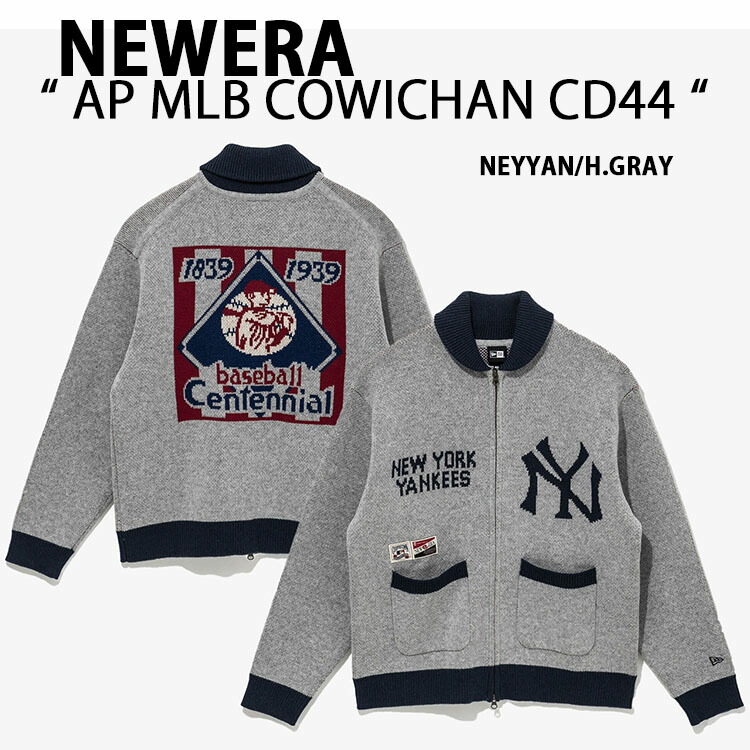 NEWERA ニュー内鰓 ジレー カウ頤 AP MLB COWICHAN CD44 NEYYAN ヤンキース GRAY カウチンセーター ジップアップカーディガン メンズ レディース 14397963