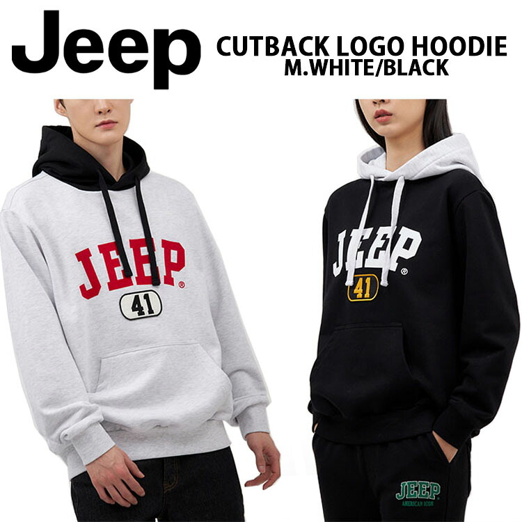 Jeep ジープ スウェット パーカー CUTBACK LOGO HOODIE プルオーバーパーカー フーディー BLACK WHITE スウェット 切り返しカラー カジュアル ストリート ブラック ホワイト メンズ レディース JO1THU012｜a-dot
