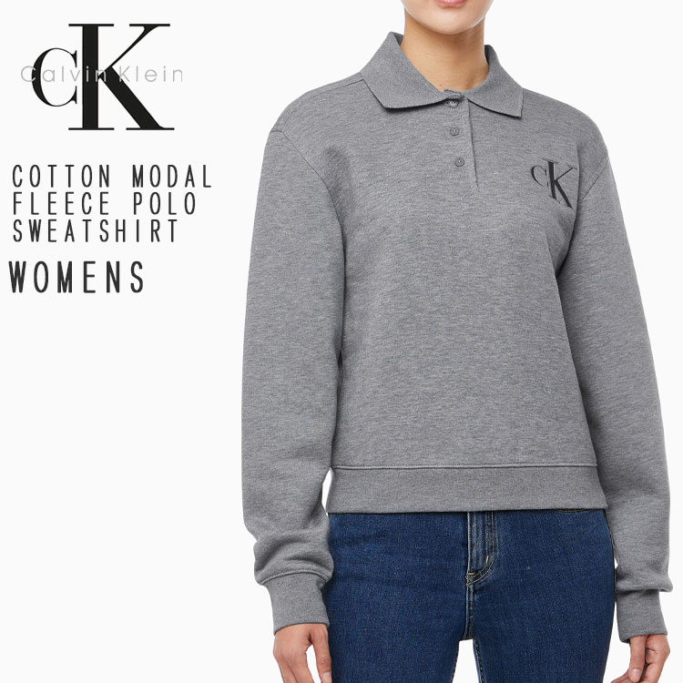 Calvin Klein カルバンクライン トレーナー W\u0027S COTTON MODAL FLEECE POLO SWEATSHIRT HEATHER GRAY CK汗水 綿織物 シーメンスダル フリース ポロ トレーナー 薄墨色 ロゴタイプ レディース 47B217G P7E