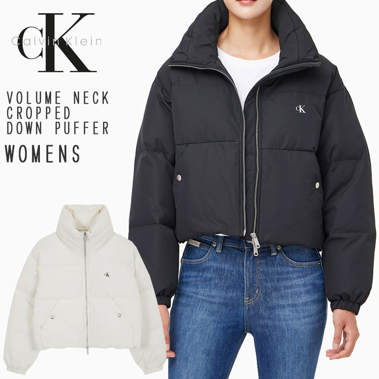 Calvin Klein カルバンクライン 落ち込む W\u0027S VOLUME NECK CROPPED DOWN PUFFER BLACK IVORY CK落ち込む 音の大きさ 素っ首 クロップ 落ち込む パ毛革 黒いこと 象牙色 ロゴタイプ レディース J225572 BEH/YBI