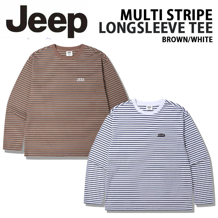 Jeep ジープ ロンT 長袖Tシャツ ボーダー MULTI STRIPE LONGSLEEVE TEE ストライプ柄 ボーダー柄 総柄 WHITE BROWN シンプル ベーシック ロゴ メンズ レディース JQ5TSU021WH/BR｜a-dot 9,926円