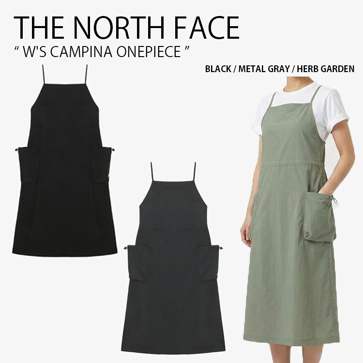 THE NORTH FACE ノースフェイス レディース ワンピース W'S CAMPINA ONEPIECE ウィメンズ キャンピナ ワンピース キャミソールワンピース ひざ下丈 レギュラーフィット ロゴ カジュアル ストリート キャンプ ブラック グレー カーキ 女性用 NT7ZS31A/B/C｜a-dot