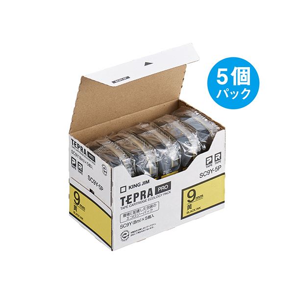 KING JIM キングジム テプラ PRO テープカートリッジ パステル 9mm 黄 / 黒文字 エコパック SC9Y-5P 1パック(5個) 文具 オフィス用品 ラベルシール プリンタ