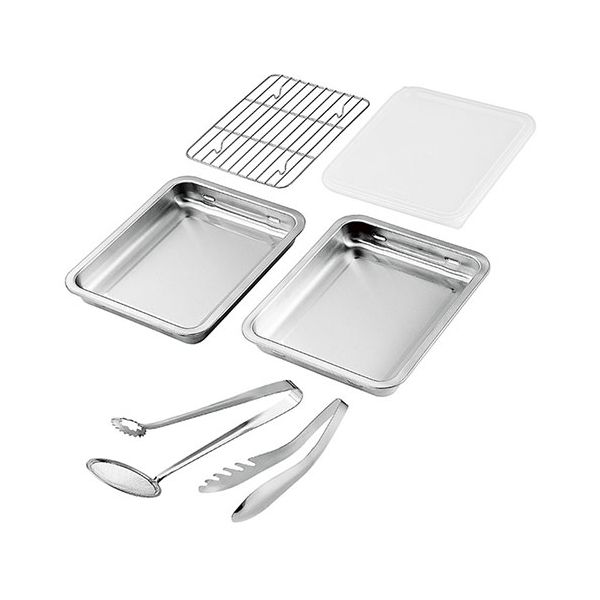 よこやま SUS ・ ga サス ・ ガ ステンレスバット2枚(フタ ・ アミ ・ トング2種付) 25.2×20.5cm SUS-B600 キッチン 食器 キッチン用品 飲食店 料理