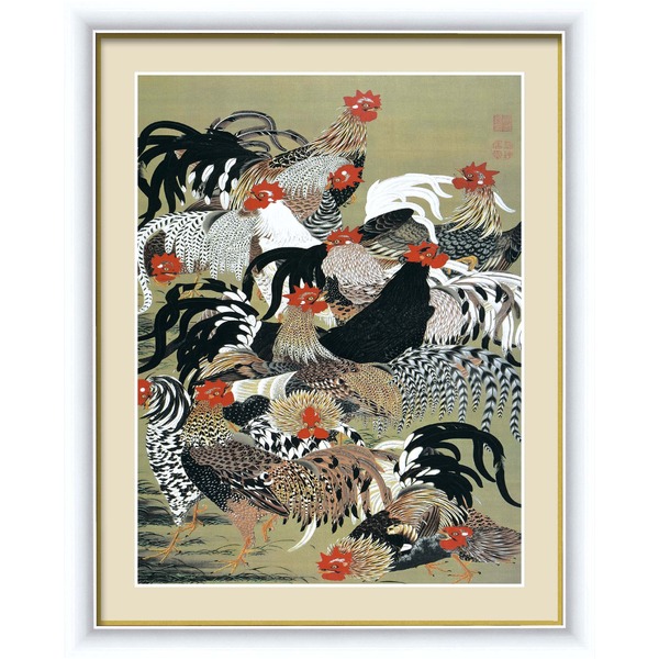 伊藤若冲 額装品 白 〔 F6号 群鶏図 〕 若冲 鳳凰 旭日 動植綵絵額 群鶏 白鳳 鶏 インテリア 絵画