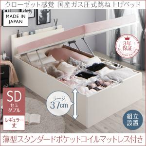 【組立設置ｻｰﾋﾞｽ付】 跳ね上げ式ベッド 収納付きベッド ベッドフレーム すのこ収納 収納付き 薄型スタンダードポケットコイル付き ポケットコイル 【縦開き】 【セミダブルベッド 】 マットレスセット セミダブルサイズ レギュラー丈 【深さ:ラージ】