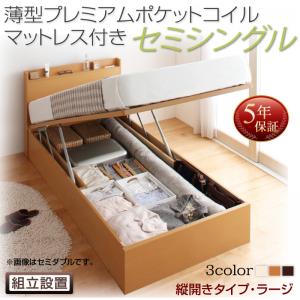 【組立設置ｻｰﾋﾞｽ付 跳ね上げ式ベッド 収納ベッド 】 収納家具 収納ベッド 大容量 薄型プレミアムポケットコイルマットレス付き ポケットコイル 【縦開き】 【セミシングルベッド 】 マットレスセット セミシングルサイズ 【深さ:ラージ】