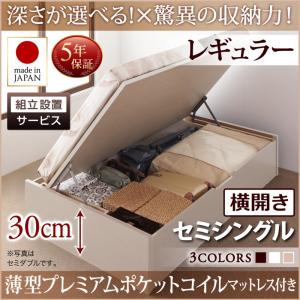 【組立設置ｻｰﾋﾞｽ付 跳ね上げ式ベッド 収納ベッド 】 収納家具 収納ベッド 大容量 薄型プレミアムポケットコイルマットレス付き ポケットコイル 【横開き】 【セミシングルベッド 】 マットレスセット セミシングルサイズ 【深さ:レギュラー】