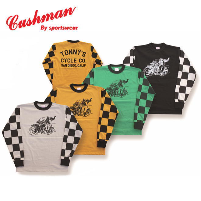 全国どこでも 送料無料 ！！ 春夏新作！！ 【CUSHMAN】チェッカーフラッグレーシングTEE（TONNY'S）【クッシュマン】 メンズ＆レディース コットン100％ 長袖Tシャツ ロンT 26661