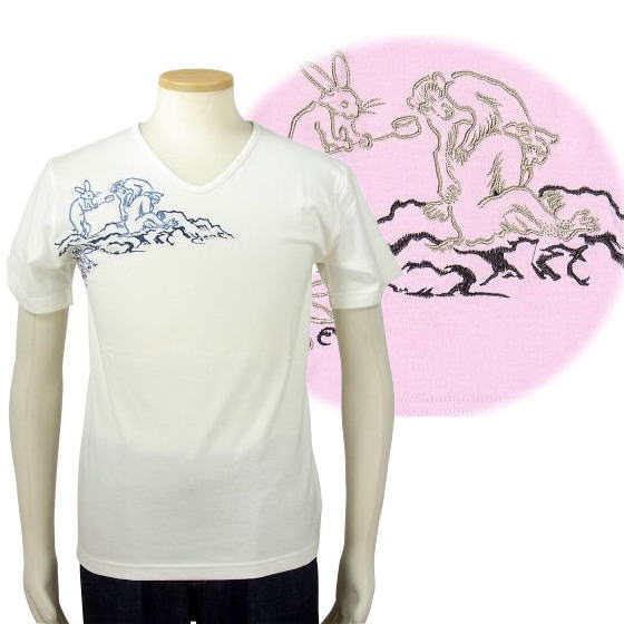 全国どこでも 送料無料 ！ 春夏新作！ 【花旅楽団】鳥獣戯画刺繍　半袖Tシャツ 【SCRIPT】 メンズ＆レディース 半袖Tシャツ　和柄　ST-663