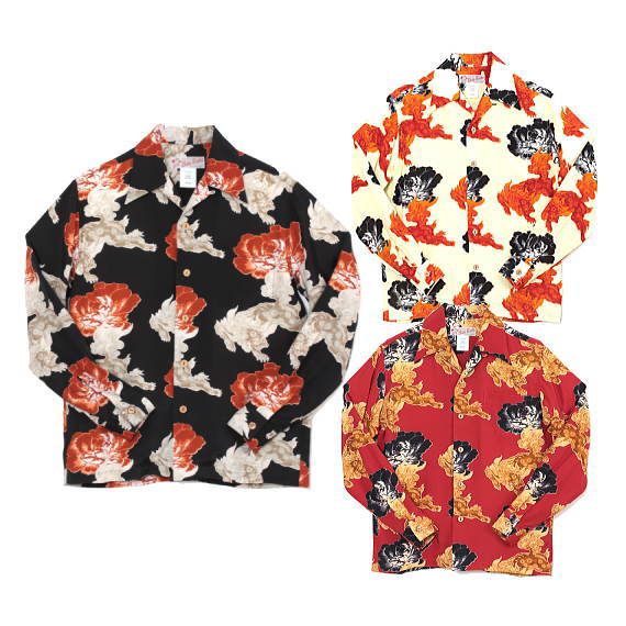 全国どこでも送料無料 ！！新作！！ 【 HULAKEIKI 】LONG SLEEVE SHI SHI　獅子牡丹 　アロハシャツ 【フラケイキ】メンズ＆レディース ハワイアン 長袖 レーヨン100%