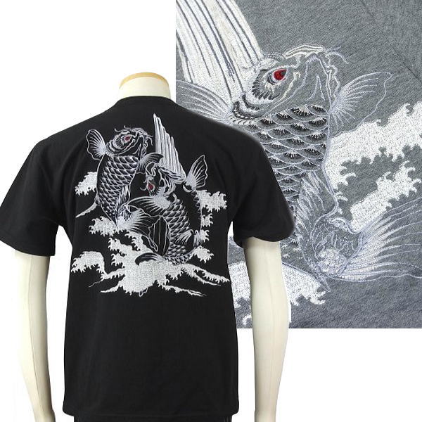 全国どこでも 送料無料 ！ 春夏新作！ 【SATORI】双跳鯉柄 刺繍 半袖Tシャツ　 【さとり】メンズ＆レディース 半袖Tシャツ 和柄 綿100％