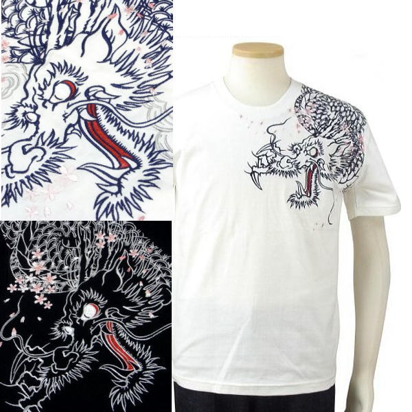 全国どこでも 送料無料 ！ 春夏新作！ 【SATORI】桜吹雪龍柄 刺繍 半袖Tシャツ　 【さとり】メンズ＆レディース 半袖Tシャツ 和柄 綿100％