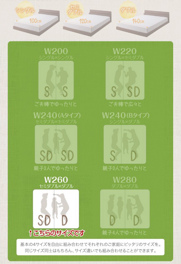 幅260 4人 メガネ 家族 3人 キング 2台 ワイド ファミリー つなげる リモコン 2台 ローベッド 連結ベッド 分割 親子 マットレス付き 低い 宮 棚 携帯 収納 コンセント スマホ 充電 連結ベッド 幅260 キング ワイド 2人 3人 4人