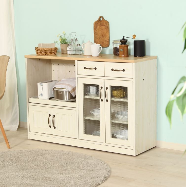 北欧　コンパクトキッチンカウンター　木目調　食器棚　ホワイトキャスターコンセント fj-97955.jpg