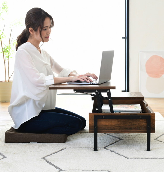 昇降式テーブル 収納付き リビング ソファー ローデスク ノートパソコン ローテーブル 作業台 センターテーブル 一人暮らし 座卓 勉強 ゲーミング ゲーム リフティング リフト 幅95 奥行40 高さ26 ブラック 黒 ブラウン アイアン脚 ヴィンテージ ビンテージ風 レトロ