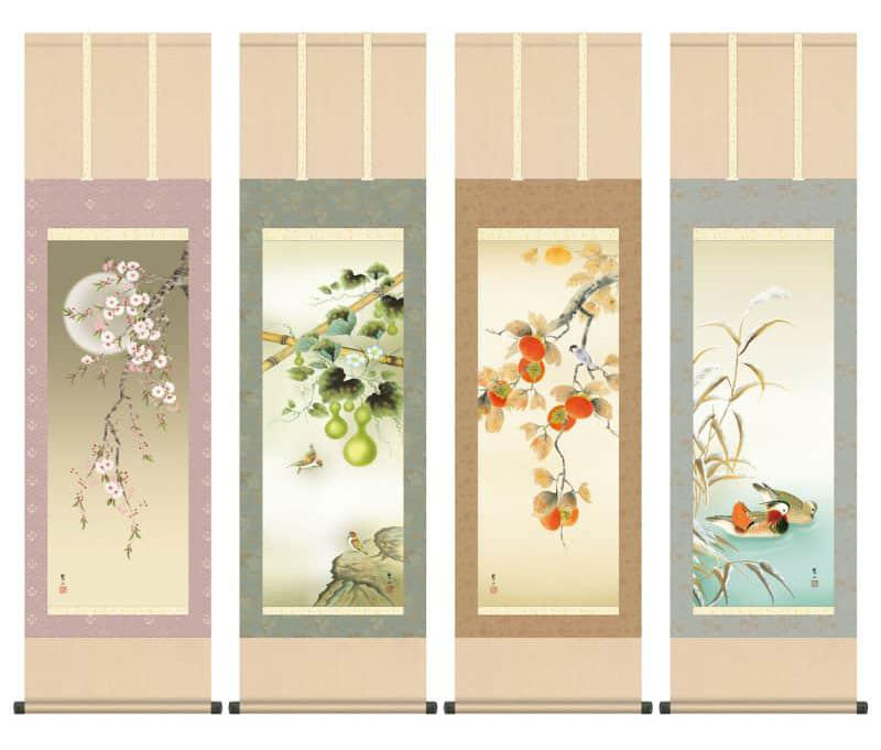 掛け軸　四季咲彩　四季花鳥揃　唐沢碧山／掛軸　全国送料無料｜古都-京都　掛け軸専門店　文永堂