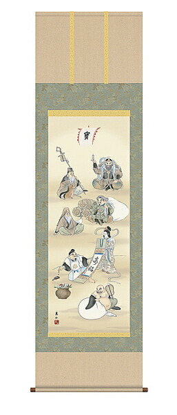 玉 泉 筆 絹本着色掛軸 【 七 福 神 之図 】 タトウ箱 玉 泉 筆 絹本着色掛軸 【 七 福 神 之図 】 タトウ箱 kz1md1
