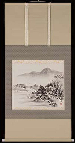 掛け軸 水墨景観 奥田吟水 芸術年鑑掲げる絵書き 尺八横 掛軸 全国貨物