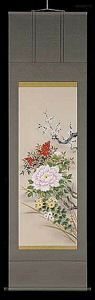 掛け軸 四季顕花植物 奥田吟水 芸術年鑑掲げる絵書き 尺五  掛軸 全国貨物輸送無料 【smtb-k】【ky】