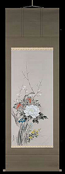 掛け軸 四季顕花植物 佐藤景月 芸術年鑑掲げる絵書き 尺八  掛軸 全国貨物輸送無料 【smtb-k】【ky】