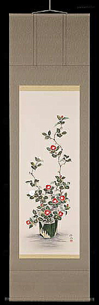 掛け軸 紅白椿 奥田拓也 芸術年鑑掲げる絵描き 尺五  掛軸 全国貨物輸送無料 【smtb-k】【ky】