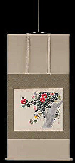 掛け軸 椿 奥田吟水 芸術年鑑掲げる絵書き 尺八横  掛軸 全国貨物輸送無料 【smtb-k】【ky】