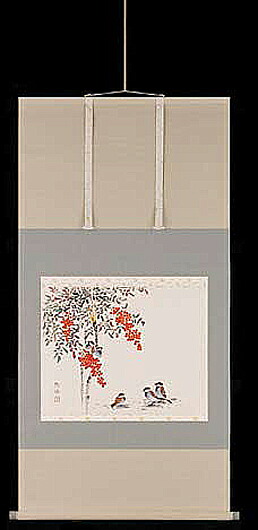 掛け軸 南天に雀 奥田吟水  芸術年鑑掲げる絵書き 尺八横  掛軸 全国貨物輸送無料 【smtb-k】【ky】